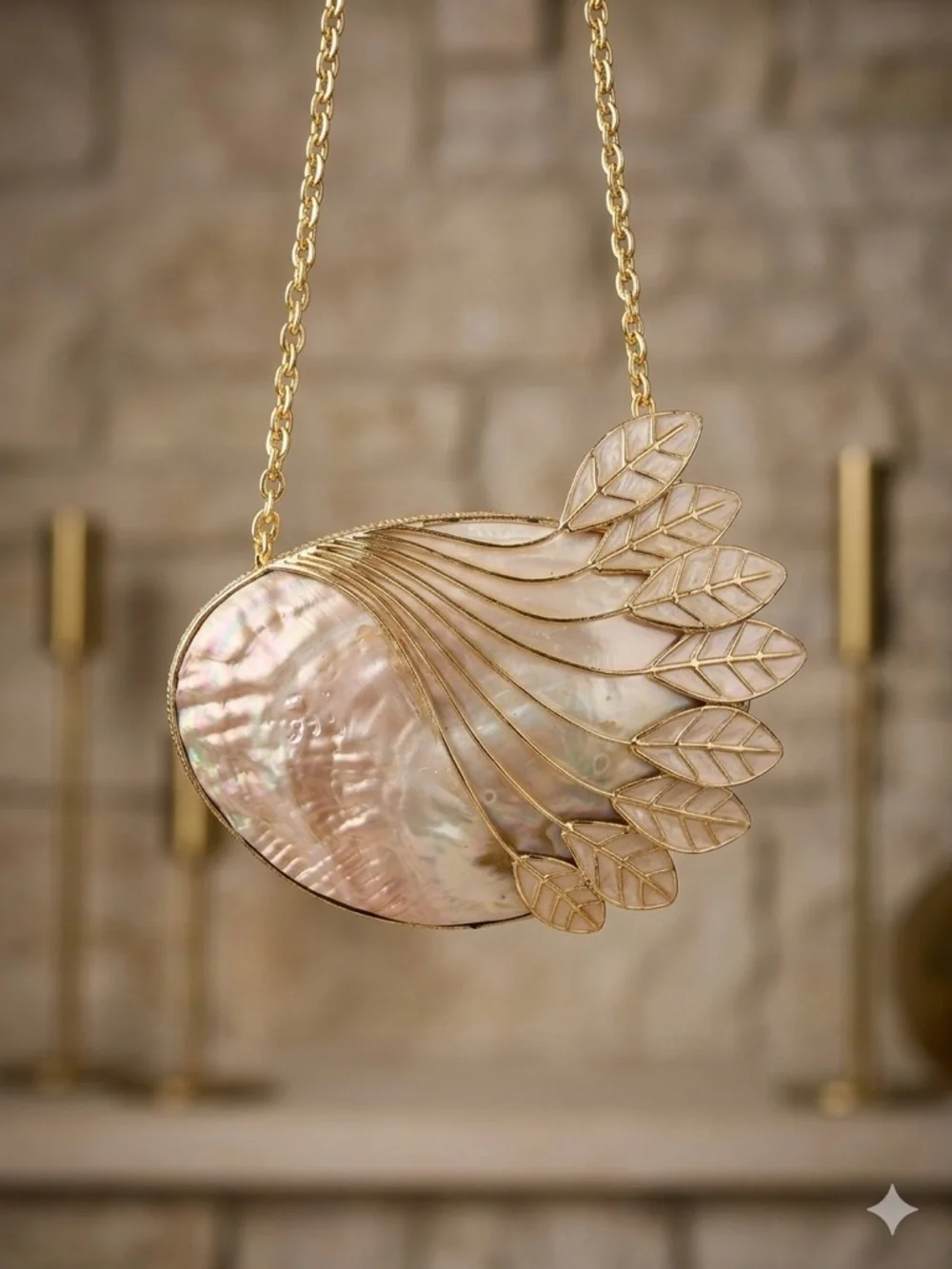 Mother of Pearl Shell Clutch Bag | Gold Leaf Evening Purse